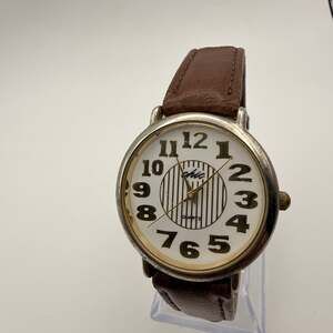 Vintage CHIC Large Numbers Silver Tone Case White Dial Brown Leather Watch